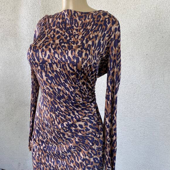 L.K. Bennett Midi Bodycon Dress Women's 8 Purple Tan Silk V Neck Long Sleeve - Picture 3 of 7